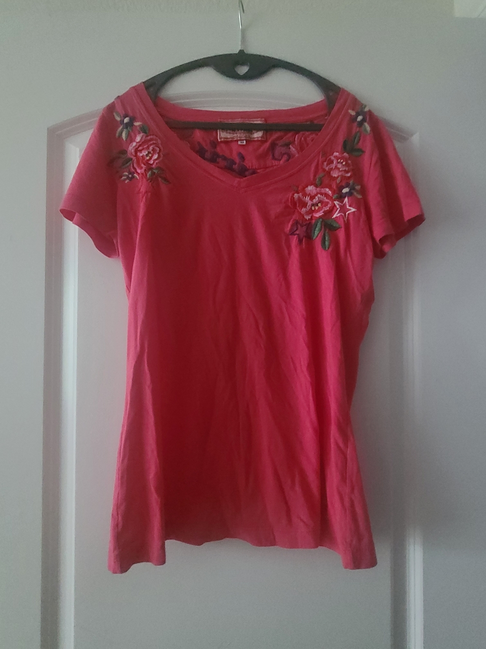 Johnny Was LA Pink Short-Sleeve V-Neck Tee with Floral Embroidery